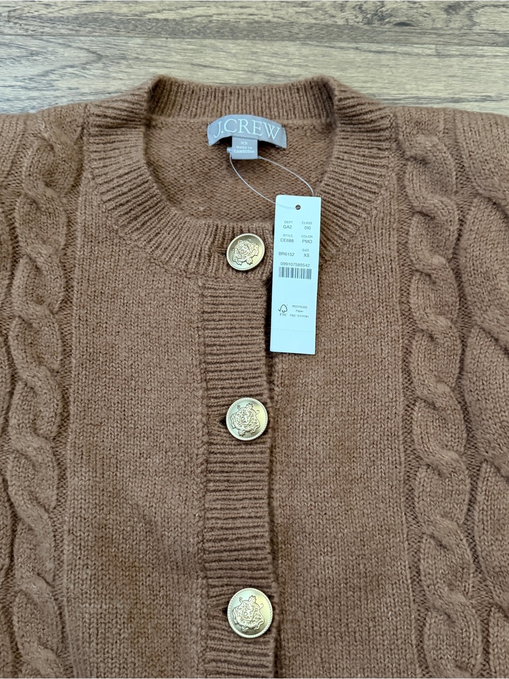 NWT$148 J. Crew Gray Cable Knit Cardigan Sweater, Camel, XS, Relaxed, 20” PTP - Picture 4 of 6